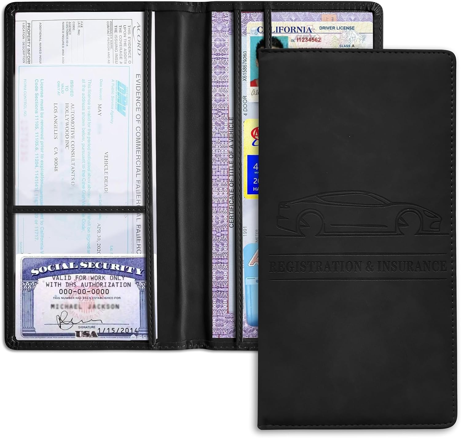 Car Registration and Insurance Card Holder for Women Men, Black Glove Box Paperwork Organizer with Magnetic Buckle for Easy Access and Protect Documents and Various Cards in Vehicle