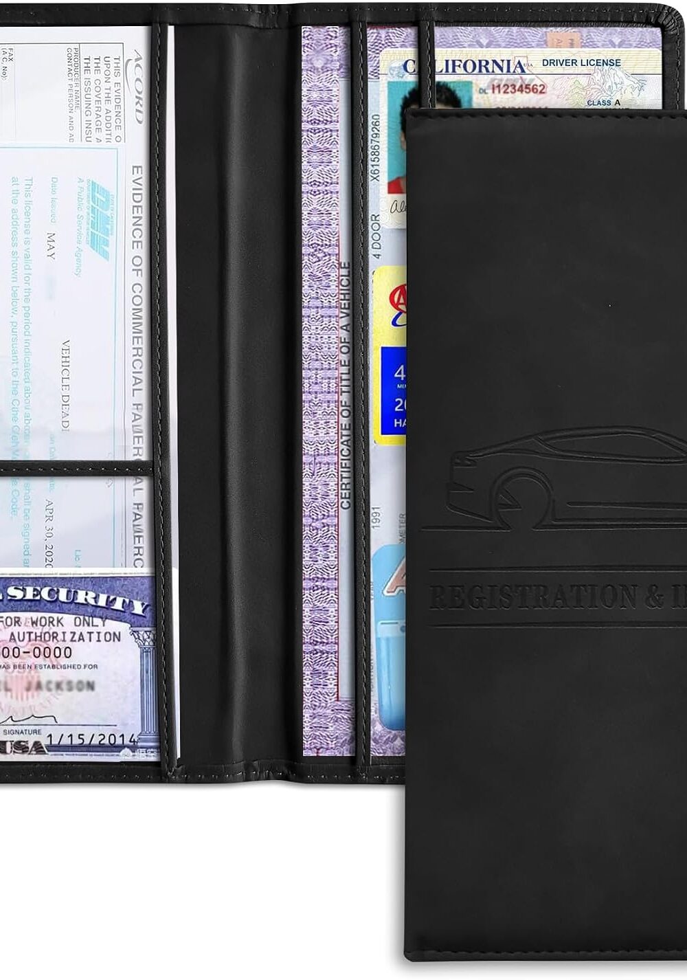 Car Registration and Insurance Holder, Registration and Insurance Card Holder, Auto Glove Box Organizer with Magnetic Shut, PU Leather Automobile Documents Wallet for Cards (Black)