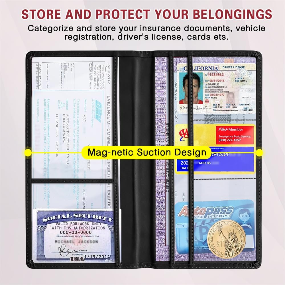 Car Registration and Insurance Holder, Registration and Insurance Card Holder, Auto Glove Box Organizer with Magnetic Shut, PU Leather Automobile Documents Wallet for Cards (Black) - Image 4