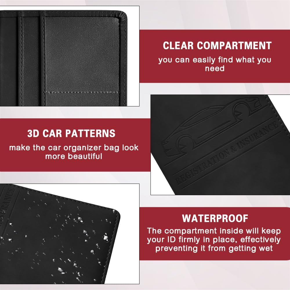 Car Registration and Insurance Holder, Registration and Insurance Card Holder, Auto Glove Box Organizer with Magnetic Shut, PU Leather Automobile Documents Wallet for Cards (Black) - Image 5